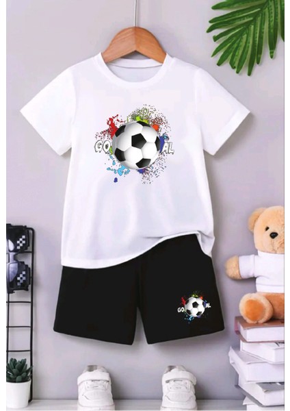 Baskılı Bisiklet Yaka Erkek ve Kız Çocuk Takımı Pamuklu T-Shirt ve Şort, Yazlık Konforlu Takım