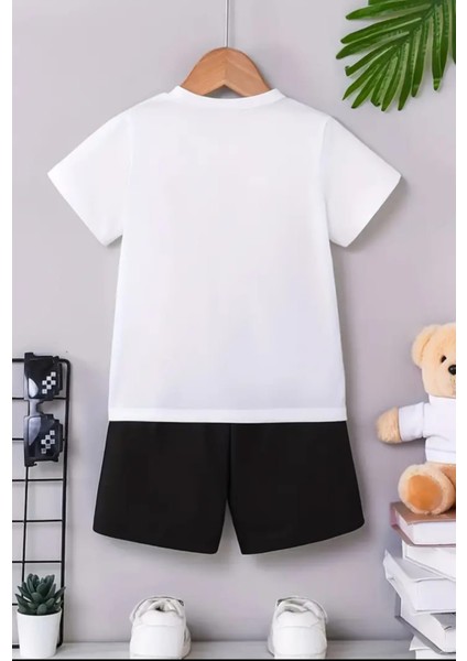 Baskılı Bisiklet Yaka Erkek ve Kız Çocuk Takımı Pamuklu T-Shirt ve Şort, Yazlık Konforlu Takım