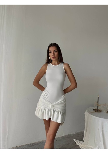 Fırfırlı Dalgıç Kumaş Drape Detaylı Askılı Mini Elbise