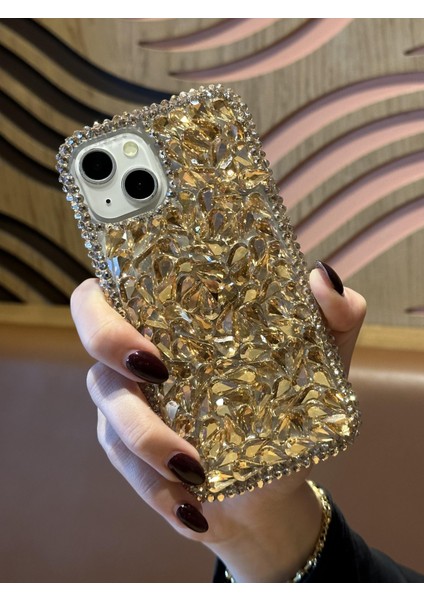 Apple iPhone 14 Plus ve 15 Plus Uyumlu Lüks Gold Kristal Taşlı Kılıf