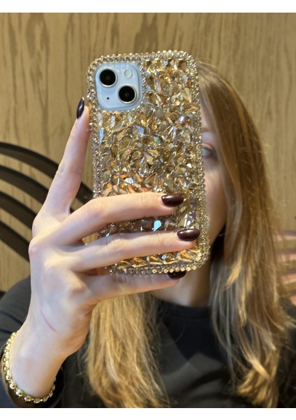 Apple iPhone 14 Plus ve 15 Plus Uyumlu Lüks Gold Kristal Taşlı Kılıf