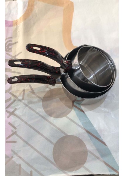 3 Lü Set Paslanmaz Çelik Kaçerola Sütlük ve Sosluk 12-14-16 cm Kırçıllı