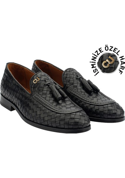 Kişiye Özel Gümüş Konseptli El Örgüsü Deri Püsküllü Erkek Ayakkabı