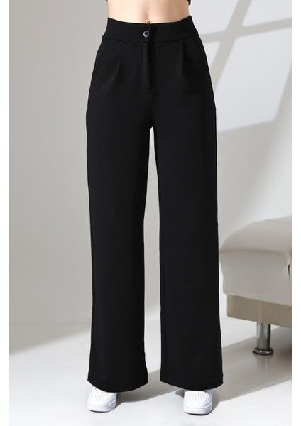 Kadın Yüksek Bel Pileli Düğmeli Likralı Esnek Rahat Kalıp Palazzo Pantolon