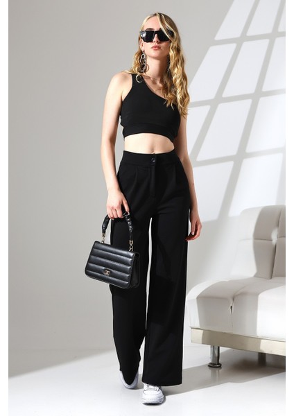 Kadın Yüksek Bel Pileli Düğmeli Likralı Esnek Rahat Kalıp Palazzo Pantolon