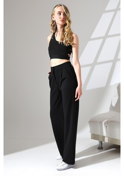 Kadın Yüksek Bel Pileli Düğmeli Likralı Esnek Rahat Kalıp Palazzo Pantolon indirimleri