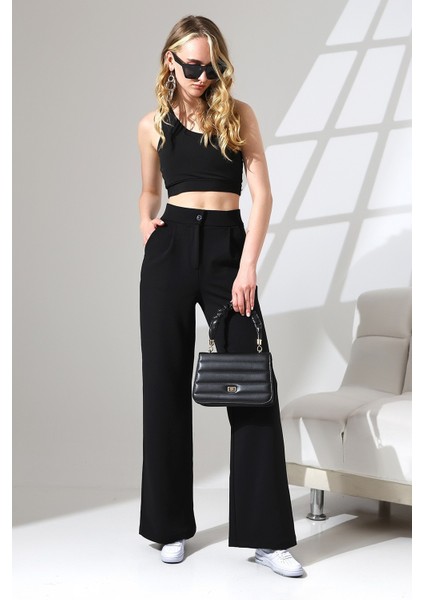 Kadın Yüksek Bel Pileli Düğmeli Likralı Esnek Rahat Kalıp Palazzo Pantolon fırsatları