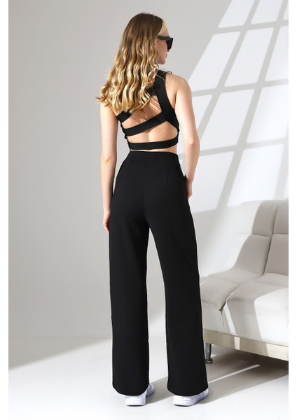 Kadın Yüksek Bel Pileli Düğmeli Likralı Esnek Rahat Kalıp Palazzo Pantolon