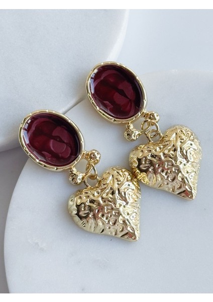 Bordo Vintage Kalp Küpe