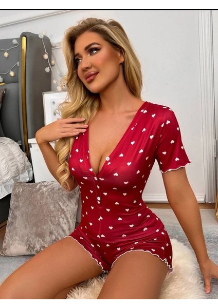 Kadın Göğüs Dekolteli Pinterest Kalp Desen Full Likralı Şort Tulum