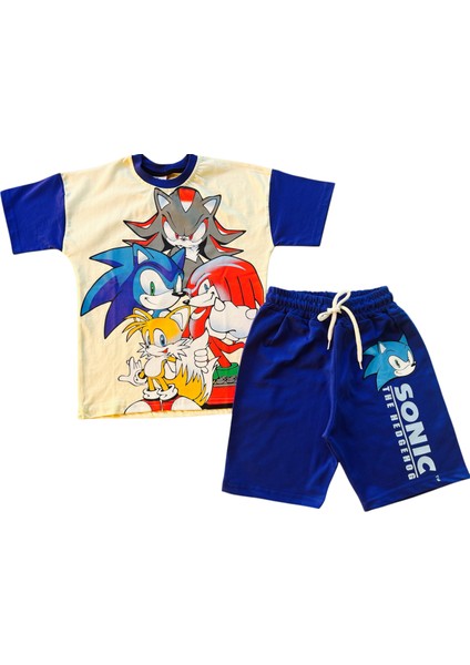 Erkek Çocuk Sonic Desenli Krem-Lacivert Şortlu Takım