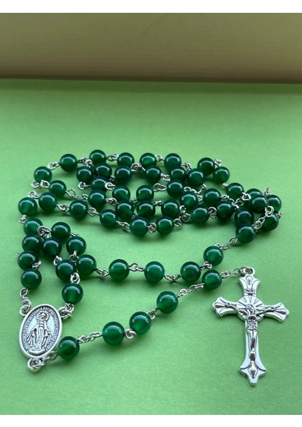 6 mm Doğal Yeşil Akik Katolik Hrıstiyan Rosary Tesbih /haç Kolye