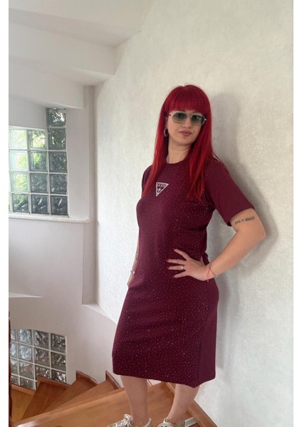 Bordo Serpme Taşlı elbise