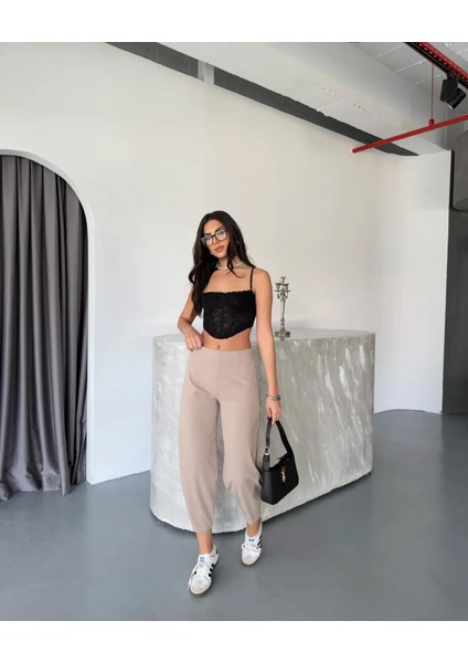 Kadın Scuba Crep Kumaş Beli Lastikli Şalvar Model Balon Pantolon