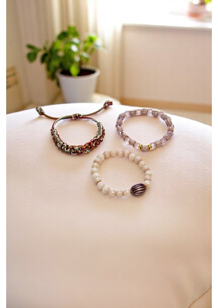 Inci Desenli Ip Örgülü Doğal Taşlı Üçlü Set Bileklik