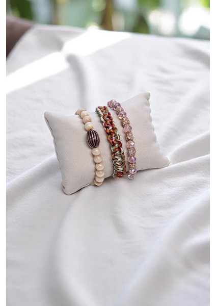 Inci Desenli Ip Örgülü Doğal Taşlı Üçlü Set Bileklik modelleri