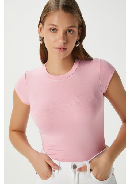 Kadın Inner Lux Touch Yumuşak Doku Bisiklet Yaka Kısa Kol Pembe Bluz