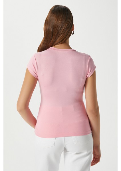 Kadın Inner Lux Touch Yumuşak Doku Bisiklet Yaka Kısa Kol Pembe Bluz