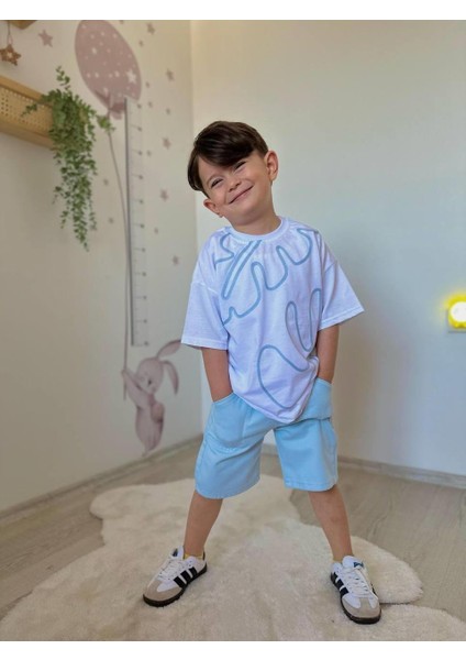 Erkek Çocuk Mavi Dalga Şortlu Takım
