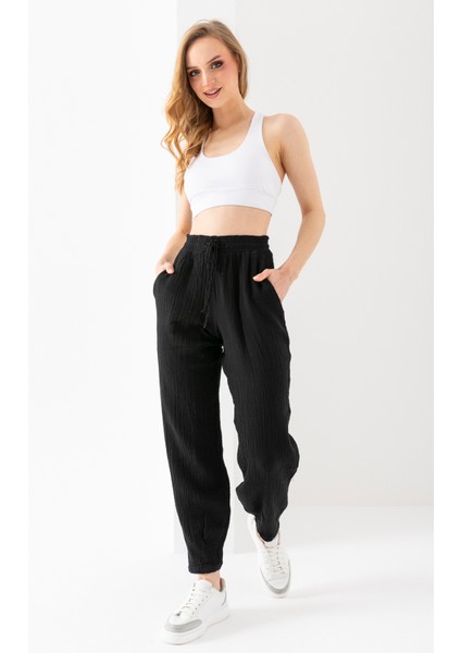 %100 Organik Pamuk Kadın Siyah Müslin Kumaş Pens Paça Otantik Şalvar Pantolon