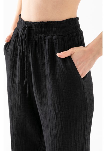 %100 Organik Pamuk Kadın Siyah Müslin Kumaş Pens Paça Otantik Şalvar Pantolon fırsatları