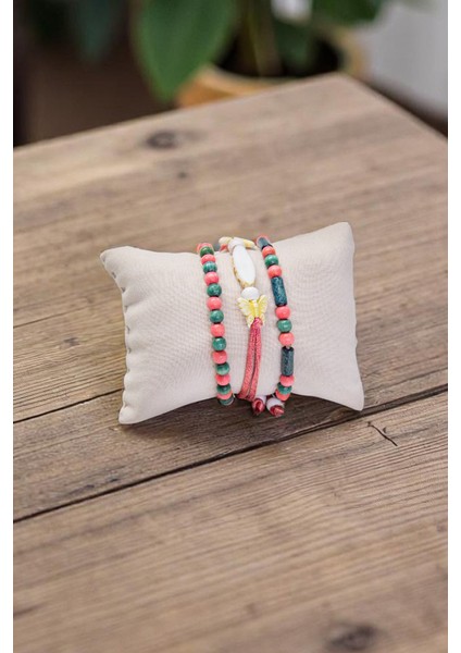 Pembe Ipli Kelebek Desenli Kemilk Doğal Taşlı Üçlü Set Bileklik