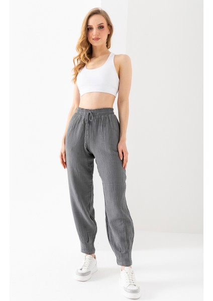 %100 Organik Pamuk Kadın Siyah Müslin Kumaş Pens Paça Otantik Şalvar Pantolon