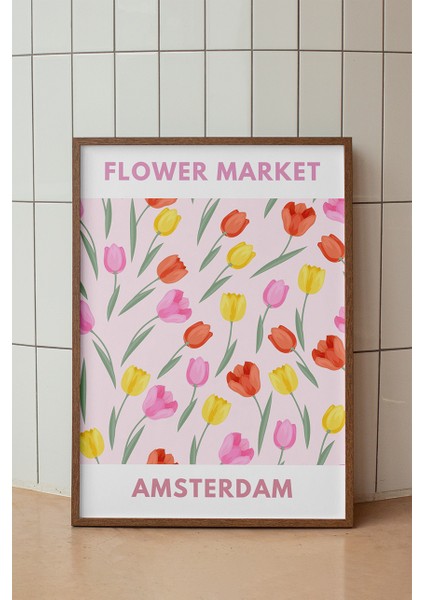 Flower Market Amsterdam Temalı Renkli Çiçek Poster - Retro Seyahat Duvar Dekoru - Çerçevesiz Baskı