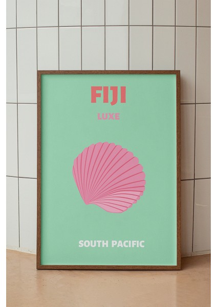 Fiji Istiridye Illüstrasyonu Poster - Seyahat Temalı Minimalist Yeşil Duvar Dekor - Çerçevesiz Baskı