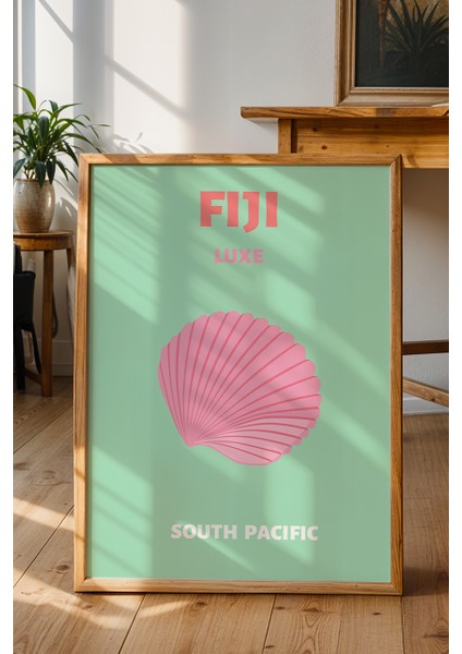 Fiji Istiridye Illüstrasyonu Poster - Seyahat Temalı Minimalist Yeşil Duvar Dekor - Çerçevesiz Baskı fiyatları
