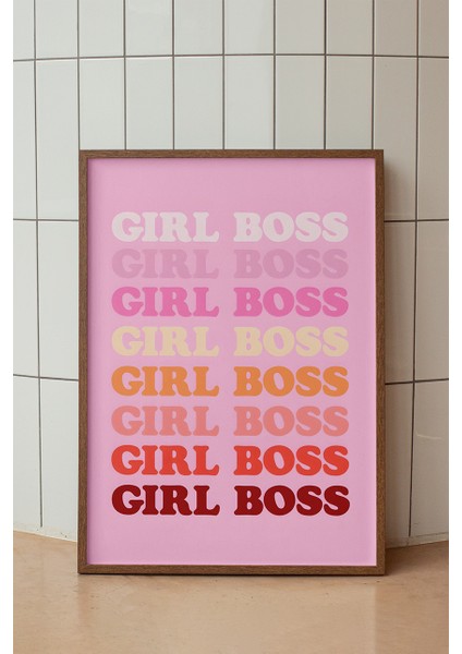 Girl Boss Tipografi Poster - Pembe Renkli Ilham Veren Kadın Gücü Duvar Dekoru - Çerçevesiz Baskı