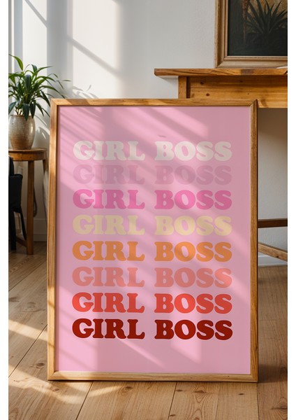 Girl Boss Tipografi Poster - Pembe Renkli Ilham Veren Kadın Gücü Duvar Dekoru - Çerçevesiz Baskı fiyatları