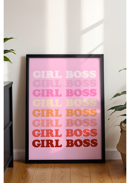 Girl Boss Tipografi Poster - Pembe Renkli Ilham Veren Kadın Gücü Duvar Dekoru - Çerçevesiz Baskı modelleri