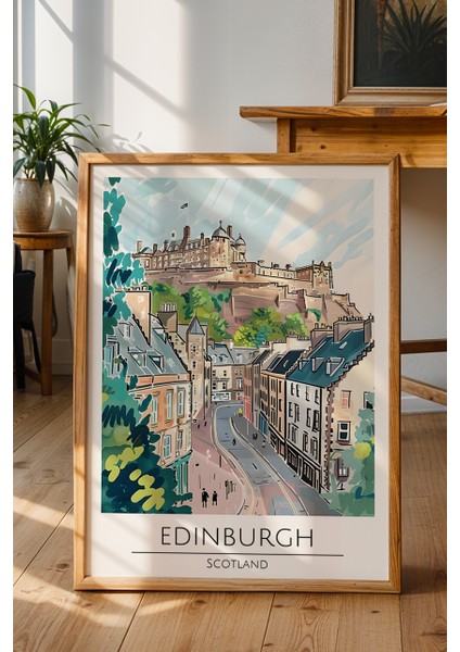 Edinburgh Kalesi Poster - Iskoçya Temalı Retro Sulu Boya Duvar Dekoru - Çerçevesiz Sanat Baskı fiyatları