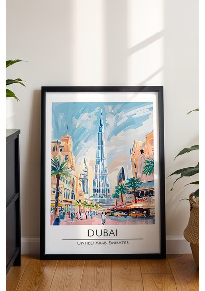 Dubai Retro Sulu Boya Poster - Modern Mimari Seyahat Temalı Duvar Dekoru - Çerçevesiz Sanat Baskı modelleri