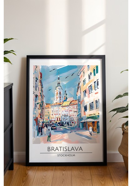 Bratislava Şehir Silüeti Poster - Retro Temalı Minimalist Duvar Dekoru - Çerçevesiz Sanat Baskı