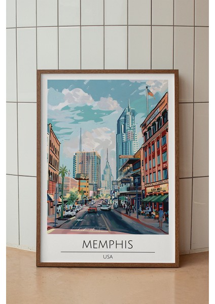 Memphis Seyahat Temalı Poster - Amerika Sulu Boya Retro Duvar Dekoru - Çerçevesiz Sanat Baskı