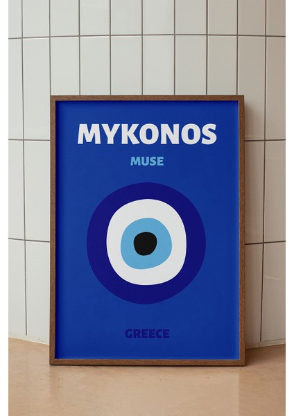 Mykonos Nazar Boncuğu Illüstrasyonu Poster - Minimalist Seyahat Duvar Dekoru - Çerçevesiz Baskı
