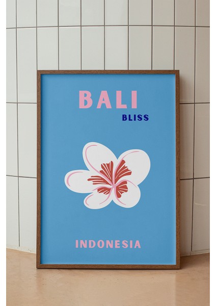 Bali Çiçek Illüstrasyonu Poster - Seyahat Temalı Minimalist Mavi Duvar Dekoru - Çerçevesiz Baskı