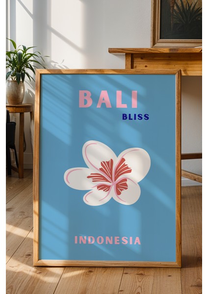 Bali Çiçek Illüstrasyonu Poster - Seyahat Temalı Minimalist Mavi Duvar Dekoru - Çerçevesiz Baskı