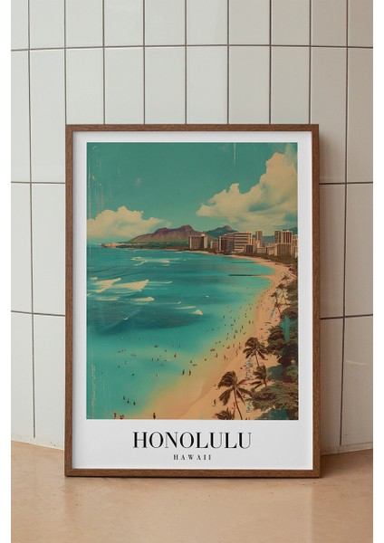 Honolulu Sahil Manzarası Poster - Hawaii Seyahat Temalı Duvar Dekoru - Çerçevesiz Sanat Baskı