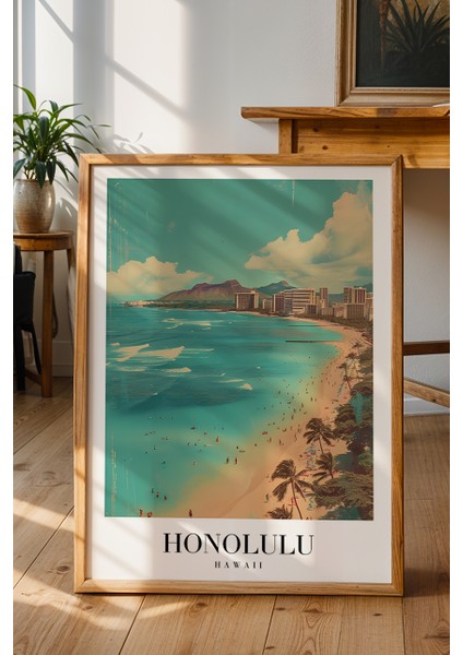 Honolulu Sahil Manzarası Poster - Hawaii Seyahat Temalı Duvar Dekoru - Çerçevesiz Sanat Baskı fiyatları