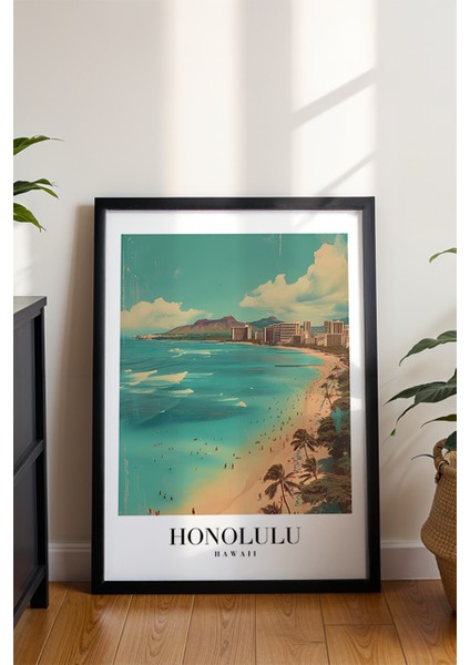 Honolulu Sahil Manzarası Poster - Hawaii Seyahat Temalı Duvar Dekoru - Çerçevesiz Sanat Baskı modelleri