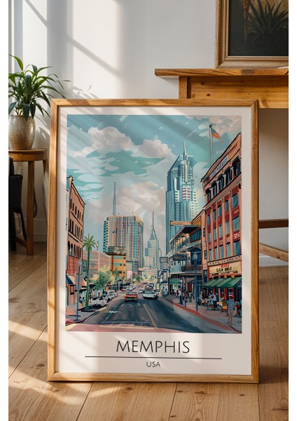 Memphis Seyahat Temalı Poster - Amerika Sulu Boya Retro Duvar Dekoru - Çerçevesiz Sanat Baskı fiyatları