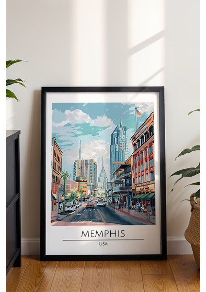 Memphis Seyahat Temalı Poster - Amerika Sulu Boya Retro Duvar Dekoru - Çerçevesiz Sanat Baskı modelleri