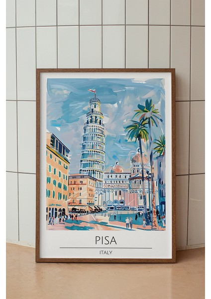 Retro Pisa Eğik Kule Poster - Italya Seyahat Temalı Tarihi Duvar Dekoru - Çerçevesiz Sanat Baskı