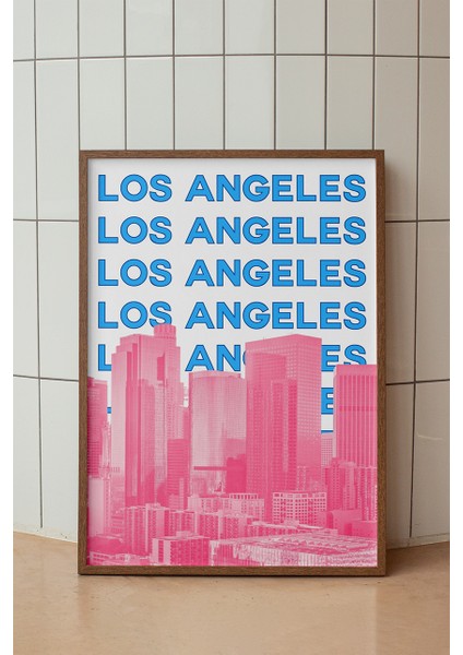 Los Angeles Pembe Renkli Minimalist Poster - Şehir Manzara Temalı Duvar Dekoru - Çerçevesiz Baskı