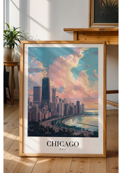Chicago Gökdelenler Poster - Modern Minimalist Amerika Şehir Manzarası - Çerçevesiz Sanat Baskı fiyatları