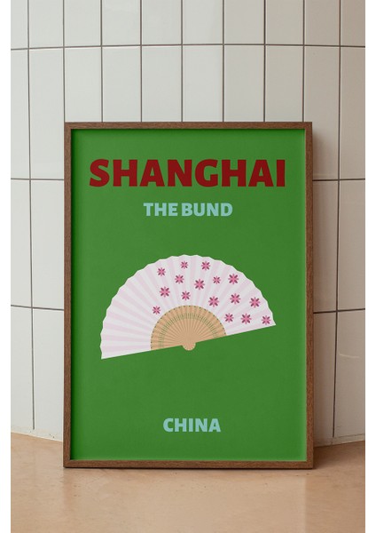 Shangai Yelpaze Illüstrasyon Poster - Seyahat Temalı Minimalist Duvar Dekoru - Çerçevesiz Baskı