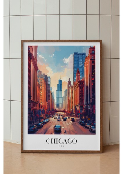 Chicago Gökdelenler Poster - Amerika Temalı Modern Şehir Manzarası - Çerçevesiz Sanat Baskı
